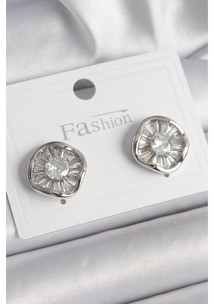 Pirinç Gümüş Renk Zirkon Taşlı Yonca Model Kadın Küpe - TJ-BKP9851