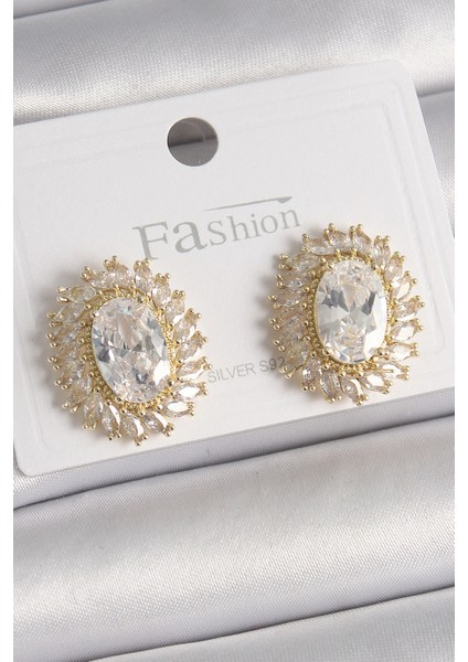 Pirinç Gold Renk Zirkon Taşlı Kadın Küpe - TJ-BKP9925