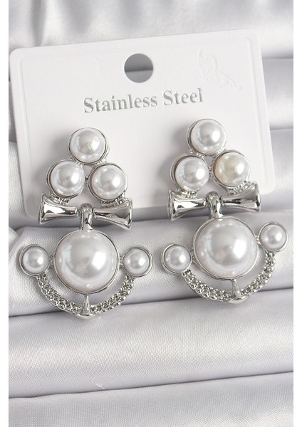 Pirinç Gümüş Renk Sallantı İncili Çapa Model Kadın Küpe - TJ-BKP10086