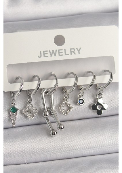 Pirinç Gümüş Renk Zirkon Taşlı Çoklu Figür Kadın Küpe Seti - TJ-BKP10095