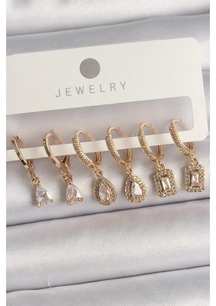Pirinç Gold Renk Sallantı Zirkon Taşı Damla Model Kadın Küpe Seti - TJ-BKP10120
