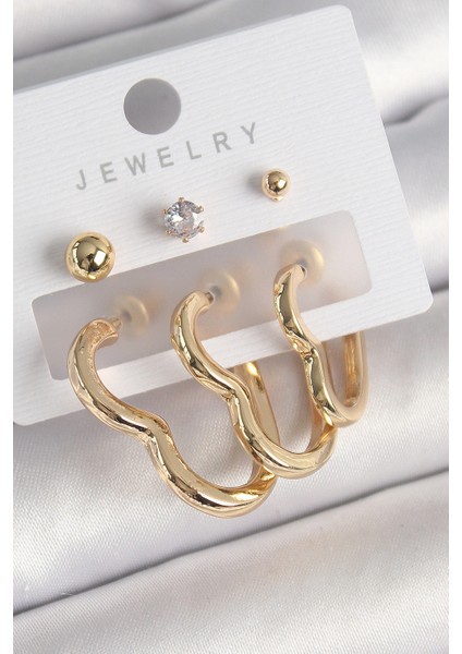 Pirinç Gold Renk Kalp Model Zirkon Taşlı Topçuk Detay Kadın Küpe Seti - TJ-BKP10308