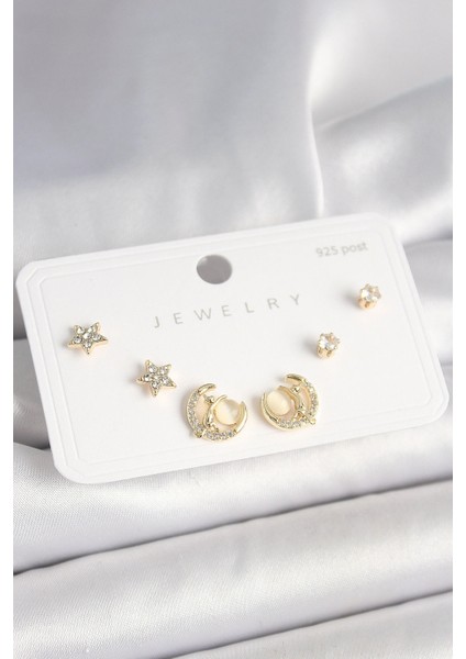 925 Ayar Gümüş Çivi Zirkon Taşlı Hilal Yıldız Model Kadın Küpe Seti - TJ-BKP10399
