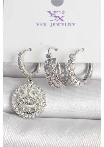 Pirinç Gümüş Renk Zirkon Taşlı Göz İşlemeli Halka Model 3'Lü Kadın Kombin Küpe - TJ-BKP10436