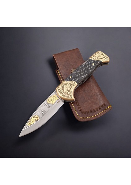 El Yapımı N690 Böhler Çelik 24 Ayar Altın Işlemeli Gravürlü Kilitli Yaylı Cep Çakısı