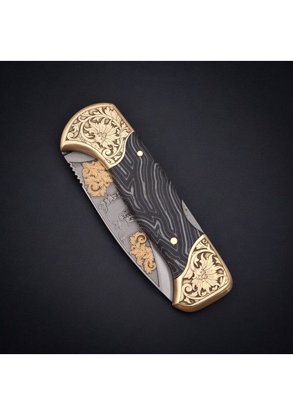 El Yapımı N690 Böhler Çelik 24 Ayar Altın Işlemeli Gravürlü Kilitli Yaylı Cep Çakısı fiyatları