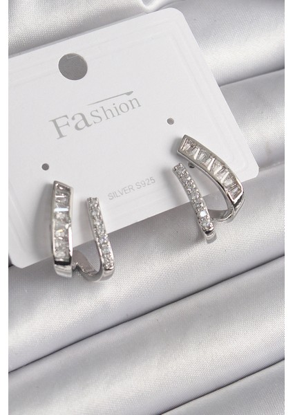 Pirinç Gümüş Renk Zirkon Taşlı Kadın Küpe - TJ-BKP9970