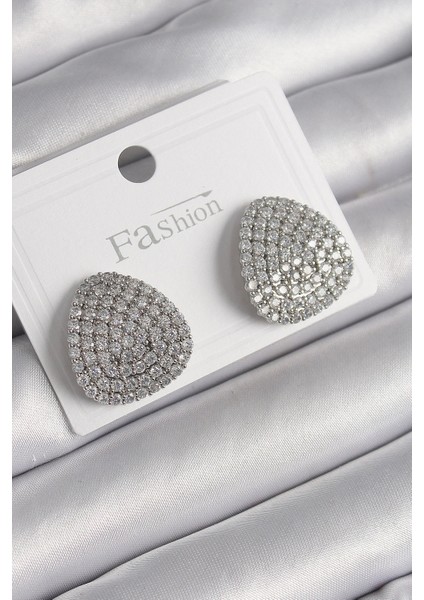 Pirinç Gümüş Renk Zirkon Taşlı Plaka Model Kadın Küpe - TJ-BKP9980