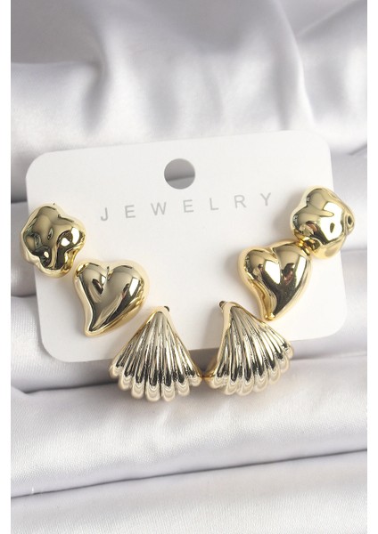 Gold Renk Yonca Kalp Deniz Kabuğu Figür CCB Kadın Küpe Seti - TJ-BKP10022