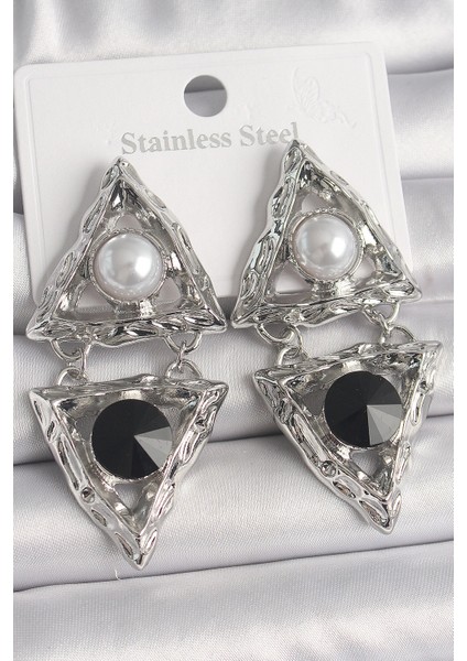 Pirinç Gümüş Renk Sallantı Üçgen Model İnci Detay Kadın Küpe - TJ-BKP10089