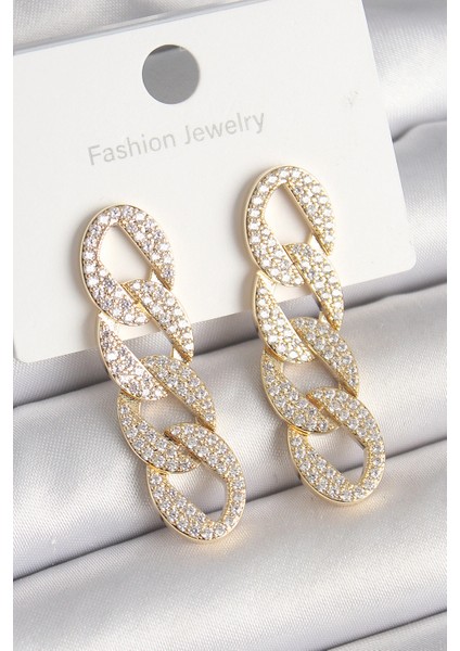 Pirinç Gold Renk Zirkon Taşlı Zincir Model Kadın Küpe - TJ-BKP10202