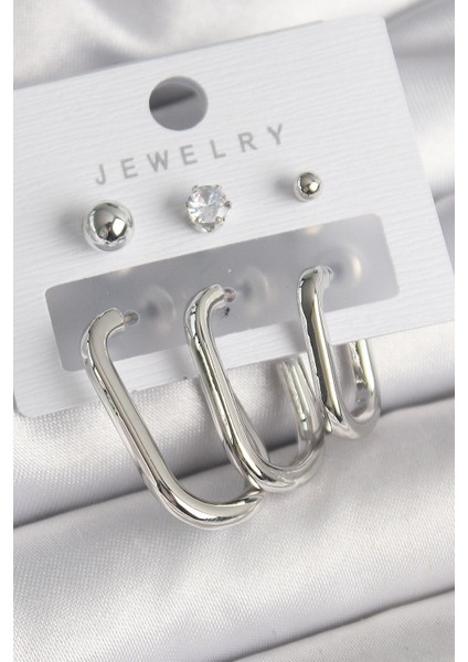 Pirinç Gümüş Renk Halka Model Zirkon Taşlı Topçuk Detay Kadın Küpe Seti - TJ-BKP10313