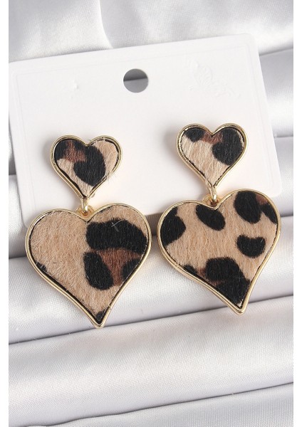 Pirinç Gold Renk Sallantı Leopar Kalp Model Kadın Küpe - TJ-BKP10337