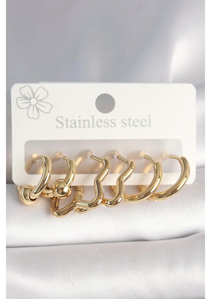 316L Çelik Gold Renk Yıldız Halka Model Kadın Küpe Seti - TJ-BKP10388