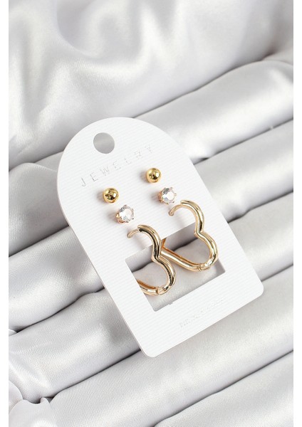 Pirinç Zirkon Taş Ve Kalp Figürlü Gold Renk 3'lü Çift Kadın Küpe Set - TJ-BKP10650