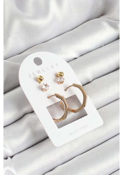 Pirinç Zirkon Taş Ve Kemik Halka Figürlü Gold Renk 3'lü Çift Kadın Küpe Set - TJ-BKP10654