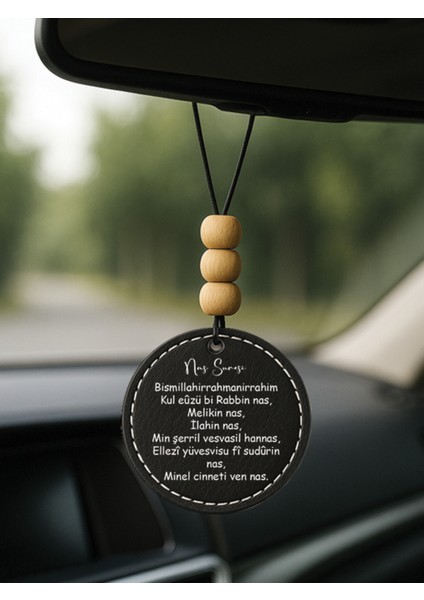 1.sınıf Suni Deri Süslemeli Desenli Uv Baskı Dikiz Araç Aynası Süsü Siyah - Nas Suresi