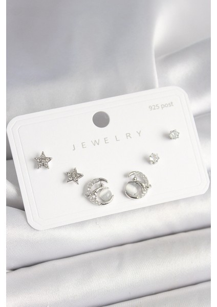 925 Ayar Gümüş Çivi Zirkon Taşlı Hilal Yıldız Model Kadın Küpe Seti - TJ-BKP10398