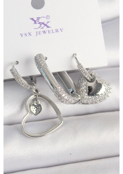 Pirinç Gümüş Renk Sallantı Zirkon Taşlı Kalp Model 3'Lü Kadın Kombin Küpe - TJ-BKP10442