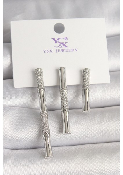 Pirinç Gümüş Renk Zirkon Taşlı Bambu Model 3'lü Kadın Kombin Küpe - TJ-BKP10462