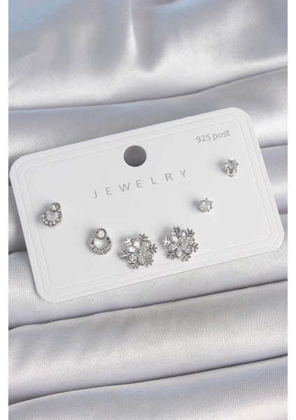 Pirinç Gümüş Renk Zirkon Taşlı Kar Tanesi Model 925 Ayar Gümüş Çivi Kadın Küpe Seti - TJ-BKP10483