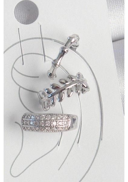 Pirinç Gümüş Renk Zirkon Taşlı 3'Lü Model Yaprak Figür Kadın Kıkırdak Küpe - TJ-BKP10564