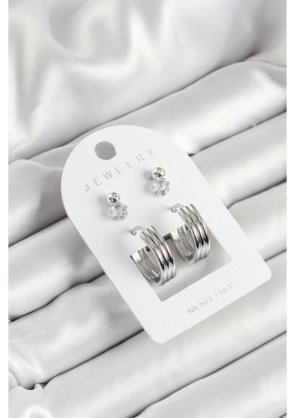 Pirinç Zirkon Taş ve Halka Figürlü Gümüş Renk 3'lü Çift Kadın Küpe Set - TJ-BKP10649