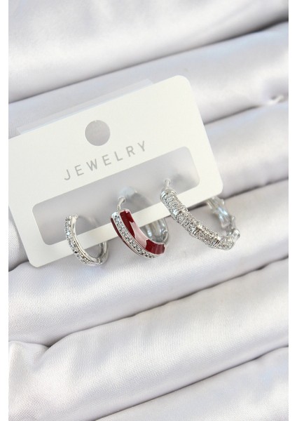 Pirinç Zirkon Taşlı Bordo Pembe Halka Model Gümüş Renk 3'lü Çift Kadın Küpe Set - TJ-BKP10791