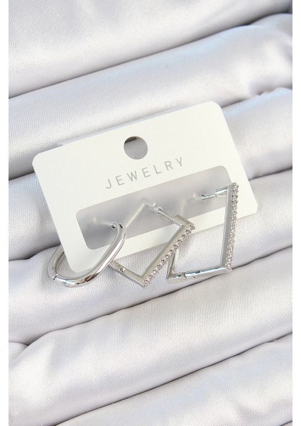 Pirinç Zirkon Taşlı Dikdörtgen Model Gümüş Renk 3'lü Çift Kadın Küpe Set - TJ-BKP10802