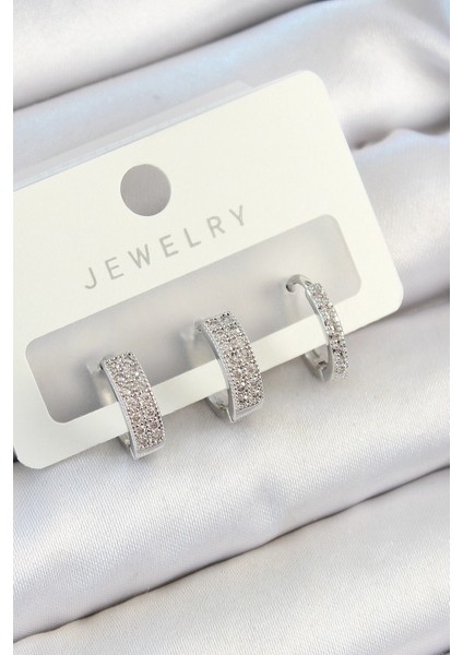 Pirinç Zirkon Taşlı Halka Model Gümüş Renk 3'lü Çift Kadın Küpe Set - TJ-BKP10810