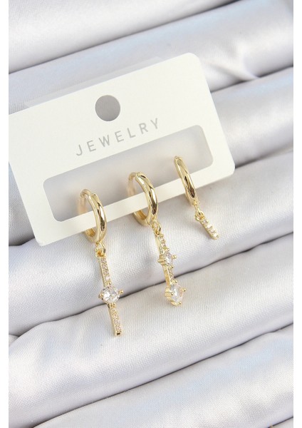 Pirinç Zirkon Taşlı Sallantılı Model Gold Renk 3'lü Çift Kadın Küpe Set - TJ-BKP10815