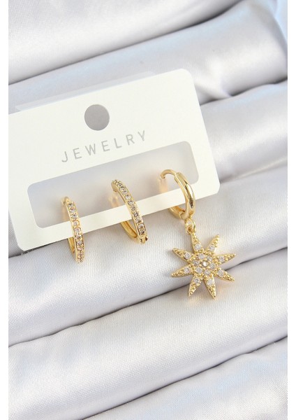 Pirinç Zirkon Taşlı Kutup Yıldızı Model Gold Renk 3'lü Çift Kadın Küpe Set - TJ-BKP10820