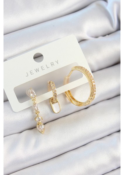 Pirinç Zirkon Taşlı Sallantılı Model Gold Renk 3'lü Çift Kadın Küpe Set - TJ-BKP10829