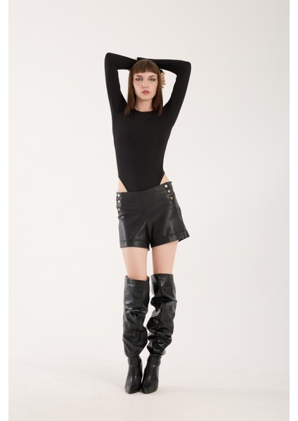 Bisiklet Yaka Altdan Çıt Çıtlı Body - Çıtçıtlı Body Uzun Kol