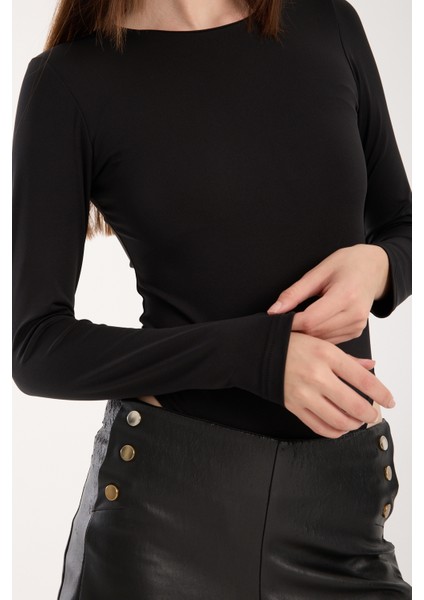 Bisiklet Yaka Altdan Çıt Çıtlı Body - Çıtçıtlı Body Uzun Kol