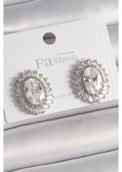 Pirinç Gümüş Renk Zirkon Taşlı Kadın Küpe - TJ-BKP9926