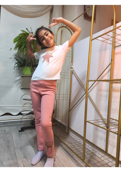 Kız Çocuk Tayt Kışlık Pamuklu Şardonlu Beli Lastikli Gözlüklü Kedi Gül Kurusu Dar Kalıp