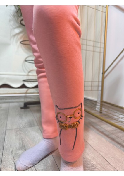 Kız Çocuk Tayt Kışlık Pamuklu Şardonlu Beli Lastikli Gözlüklü Kedi Gül Kurusu Dar Kalıp fiyatları