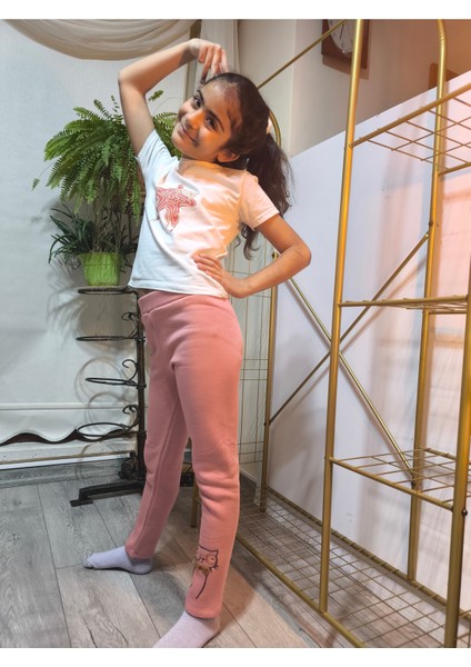 Kız Çocuk Tayt Kışlık Pamuklu Şardonlu Beli Lastikli Gözlüklü Kedi Gül Kurusu Dar Kalıp modelleri