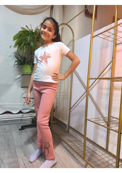 Kız Çocuk Tayt Kışlık Pamuklu Şardonlu Beli Lastikli Gözlüklü Kedi Gül Kurusu Dar Kalıp fırsatları