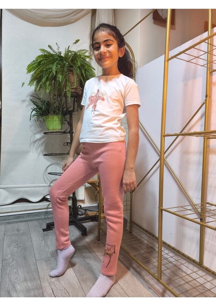 Kız Çocuk Tayt Kışlık Pamuklu Şardonlu Beli Lastikli Gözlüklü Kedi Gül Kurusu Dar Kalıp indirimleri