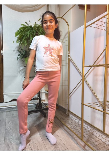 Kız Çocuk Tayt Kışlık Pamuklu Şardonlu Beli Lastikli Gözlüklü Kedi Gül Kurusu Dar Kalıp