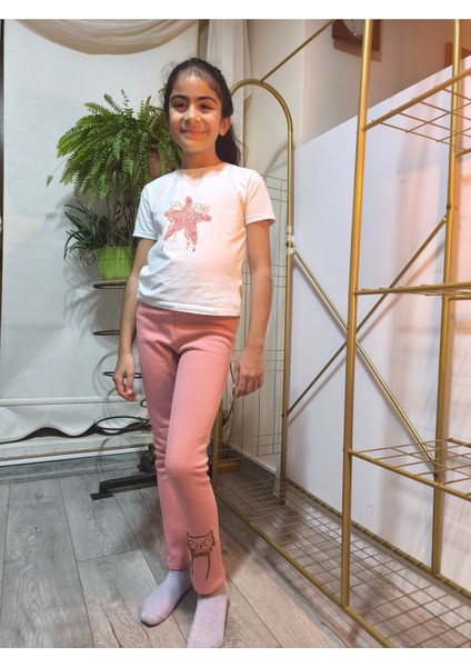 Kız Çocuk Tayt Kışlık Pamuklu Şardonlu Beli Lastikli Gözlüklü Kedi Gül Kurusu Dar Kalıp