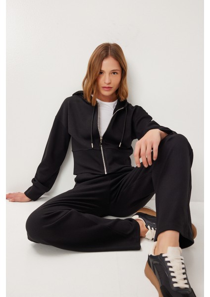 Kapüşonlu Fermuarlı Örme Alt-Üst Takım LCI0049 Siyah