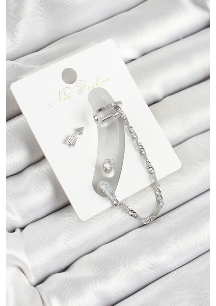 Pirinç Ok Figürlü Zirkon Taşlı Gümüş Renk 3'lü Kıkırdak Kadın Küpe Set - TJ-BKP10663