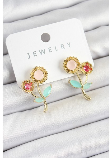 Pirinç Renkli Zirkon Taşlı Papatya Model Gold Renk Kadın Küpe - TJ-BKP10746