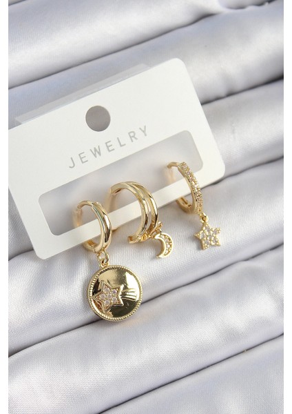Pirinç Zirkon Taşlı Yıldız ve Ay Model Gold Renk 3'lü Çift Kadın Küpe Set - TJ-BKP10833
