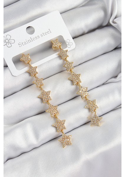 Pirinç Zirkon Taşlı Sallantılı Yıldız Model Gold Renk Kadın Küpe - TJ-BKP10912