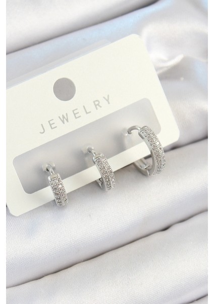 Pirinç Zirkon Taşlı Halka Model Gümüş Renk 3'lü Çift Kadın Küpe Set - TJ-BKP10812