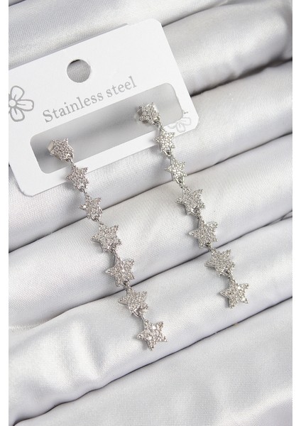 Pirinç Zirkon Taşlı Sallantılı Yıldız Model Gümüş Renk Kadın Küpe - TJ-BKP10911